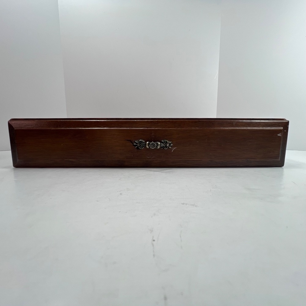Vintage wood valet jewelry box with drawer ornate handle sunken depressions top - Picture 2 of 13